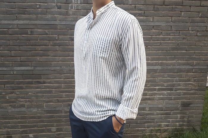 china collar stripe shirt for summer_skyblue